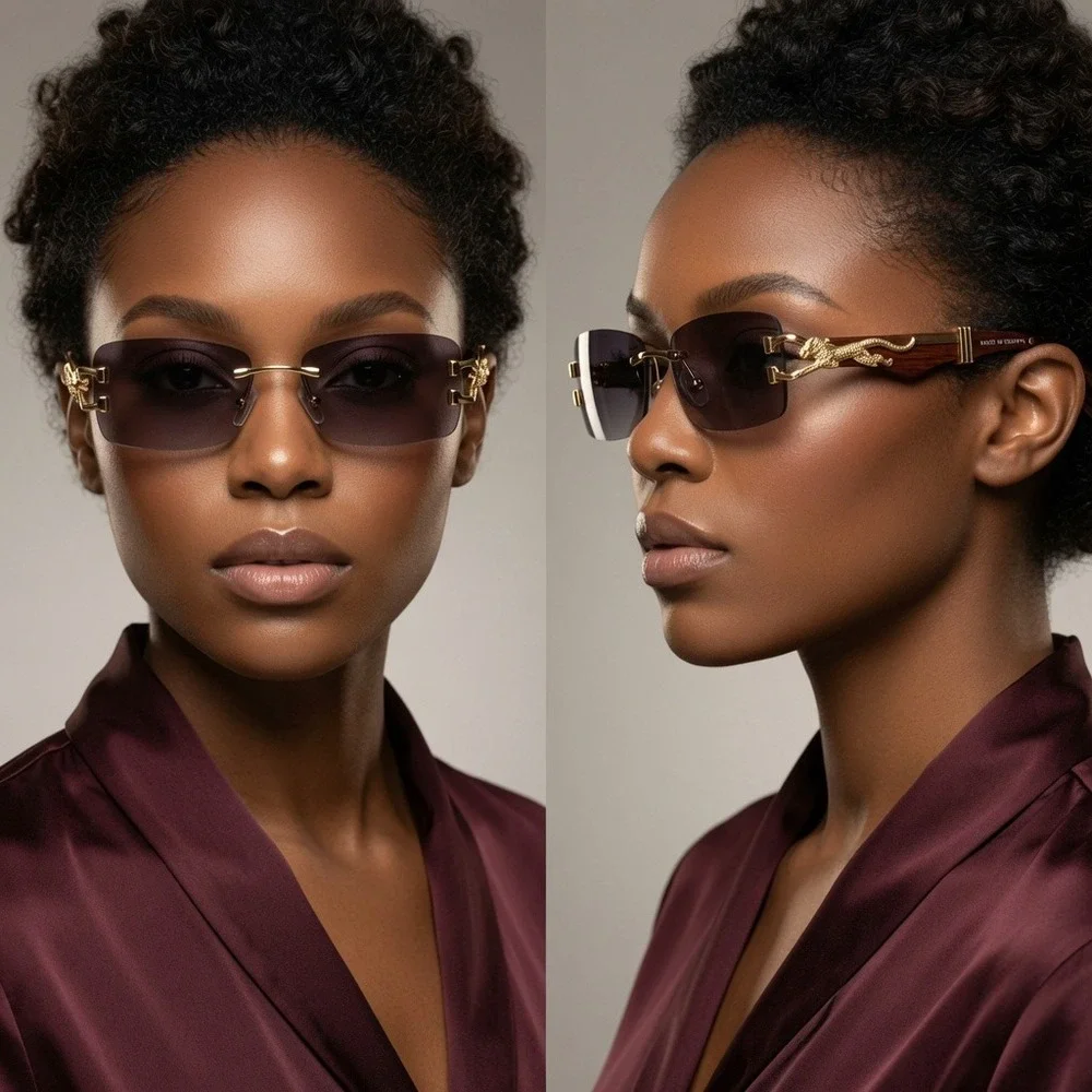 Womens Rimless Rectangle Sunglasses Gold Panther Wood Grain Black Gradient Lens